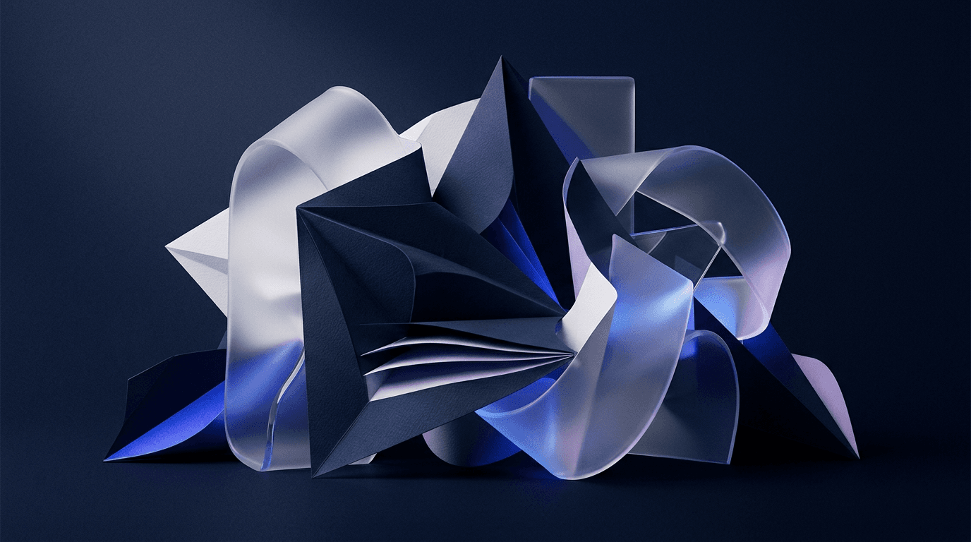 Abstract folded paper and glass forms in midnight blue and lilac light